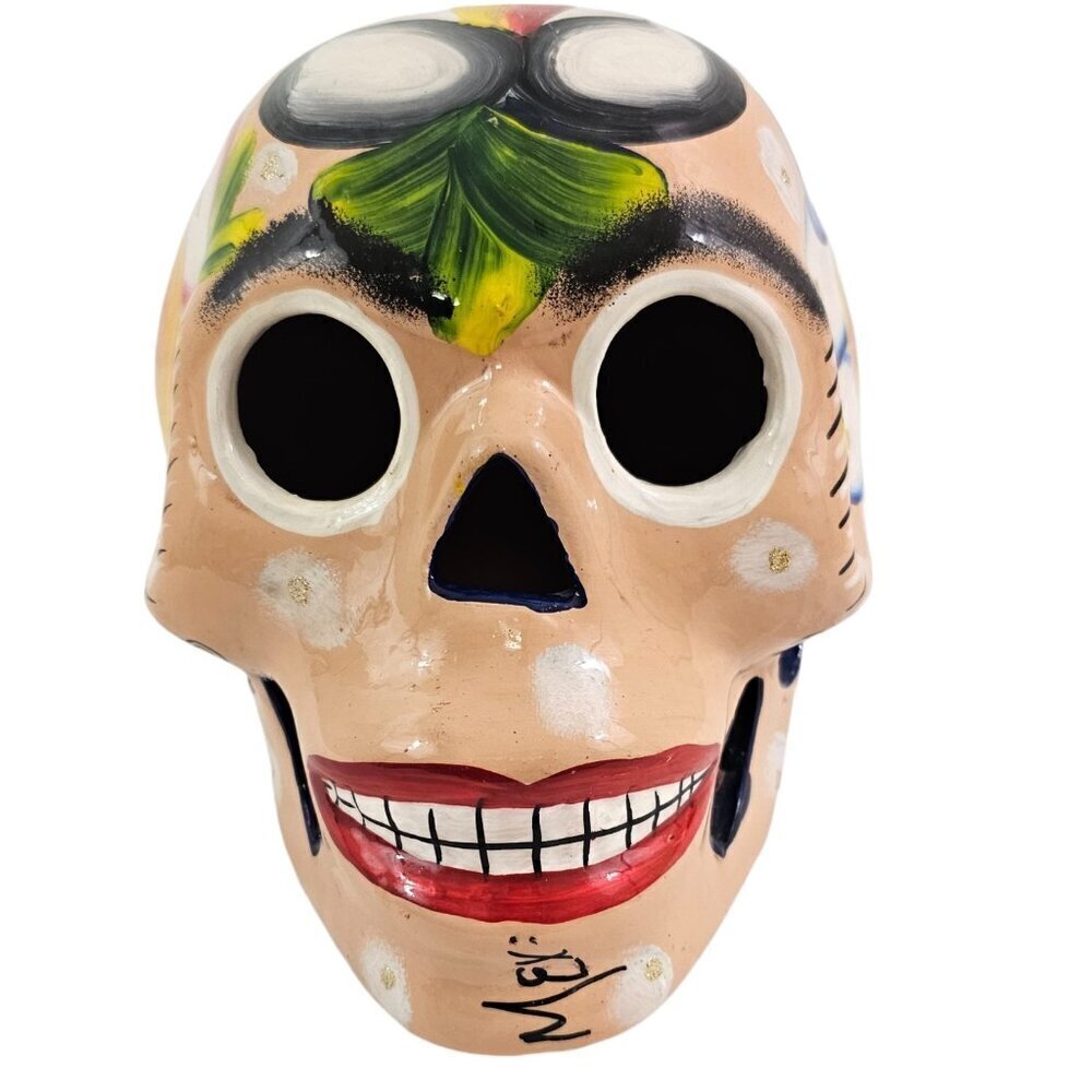 Eufemia De Jesus Diaz Floral Hand Painted Clay Mold Large Skull – Made in Mexico